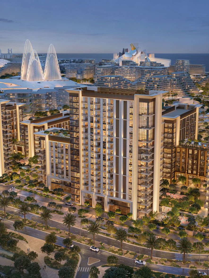 Sei Saadiyat projesinin akşam ışıklarıyla havadan görünümü